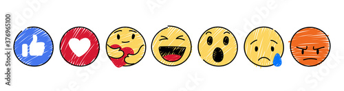 Set of Yellow Emoticon and Emoji Smileys, hand drawn art design in marker style