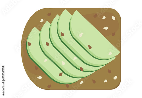 Avocado toast illustration. Avocado slices on toasted bread, vegan sandwich with sesame seeds