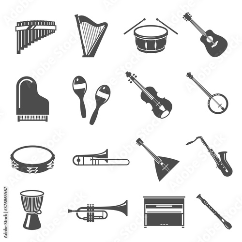 Musical instruments bold black silhouette icons set isolated on white. Harp  drum  flute  piano.