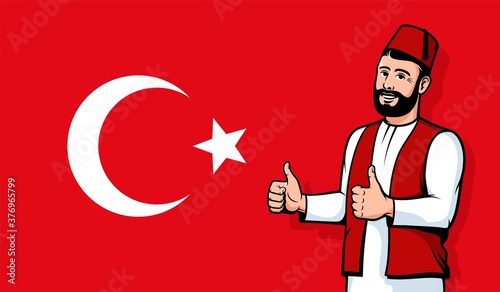 Turkish man in fez smiling on Turkey flag background. Positive Turk thumb up gesture. Vector isolated cartoon illustration.
