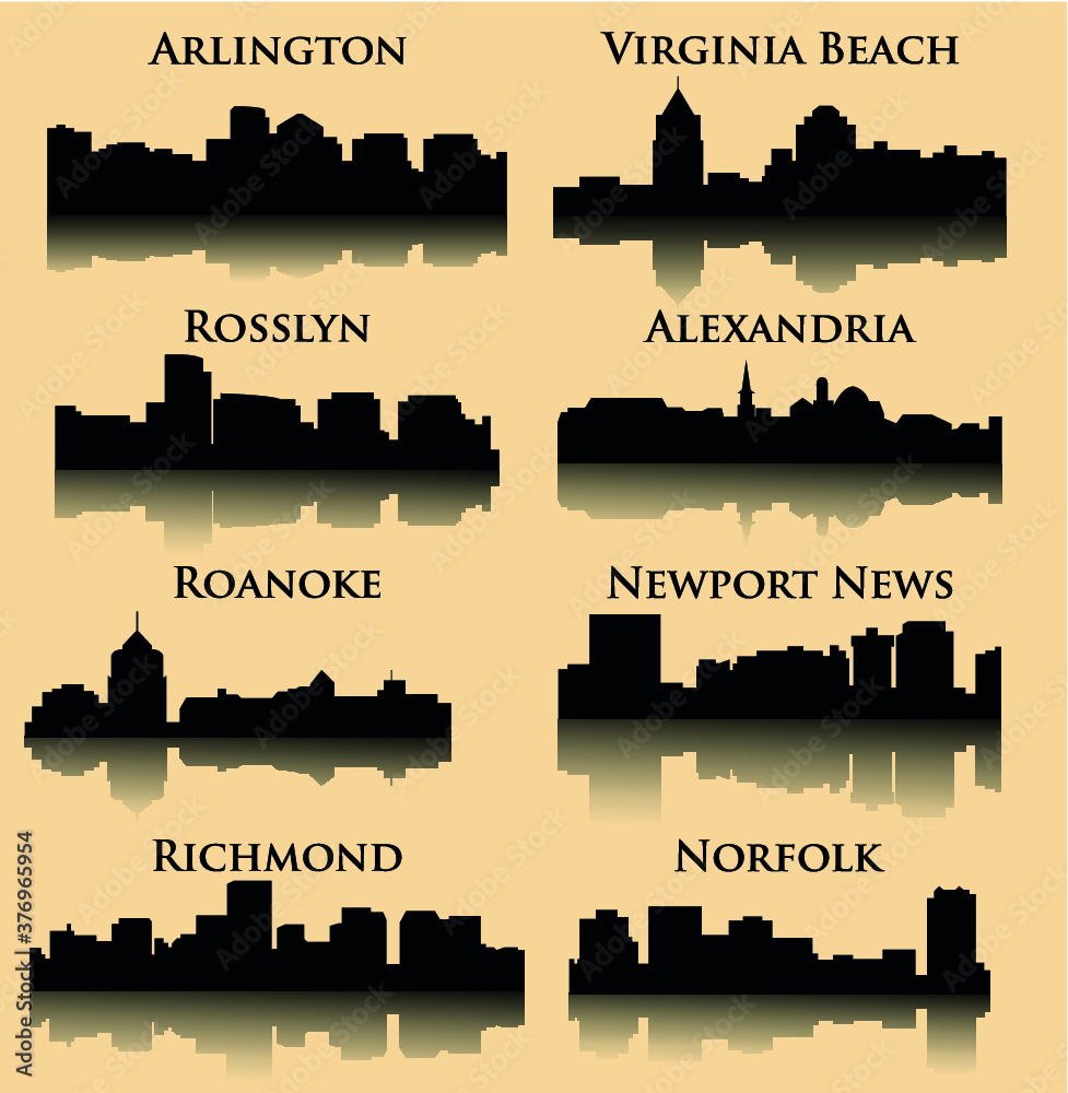 Set of 8 city silhouette in Virginia ( Richmond, Norfolk, Arlington, Virginia Beach, Rosslyn, Alexandria, Newport News, Roanoke )