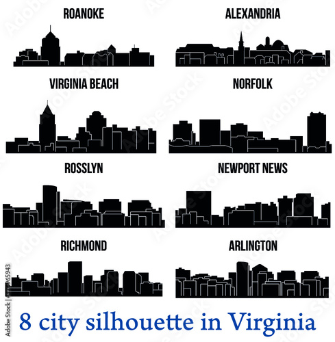 Set of 8 city silhouette in Virginia ( Richmond, Norfolk, Arlington, Virginia Beach, Rosslyn, Alexandria, Newport News, Roanoke )