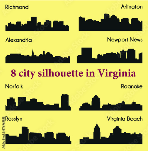 Set of 8 city silhouette in Virginia ( Richmond, Norfolk, Arlington, Virginia Beach, Rosslyn, Alexandria, Newport News, Roanoke )