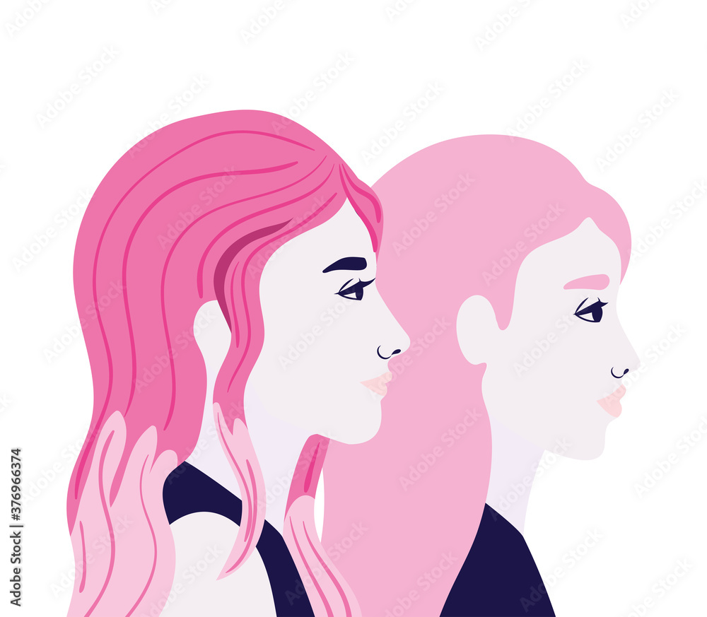 women cartoons in side view in pink color vector design