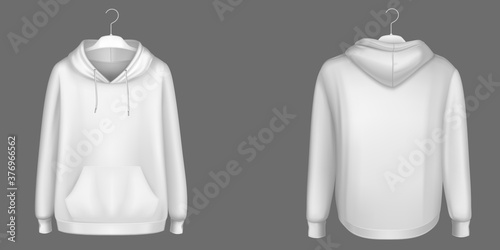 Hoody, white sweatshirt on hanger mock up front and back view. Isolated hoodie with long sleeves, kangaroo muff pocket and drawstrings. Sports, casual urban clothing, Realistic 3d vector mockup