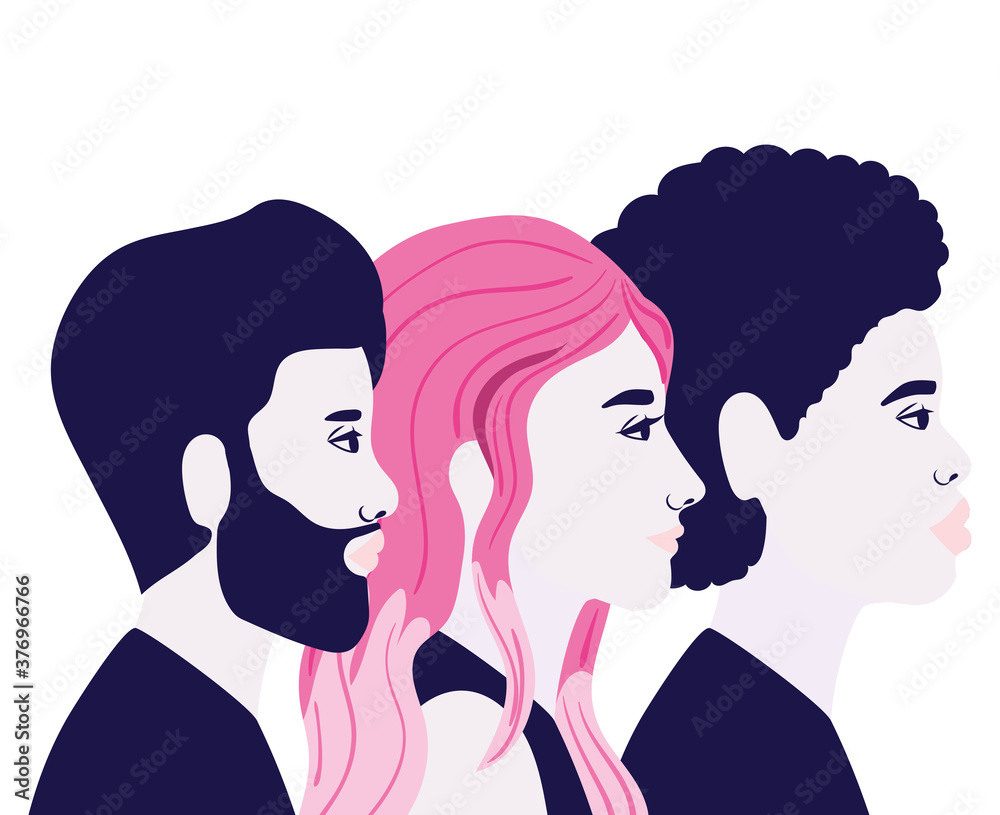 woman and men cartoons in side view in blue and pink colors vector design woman and men cartoons in side view in blue and pink colors vector design