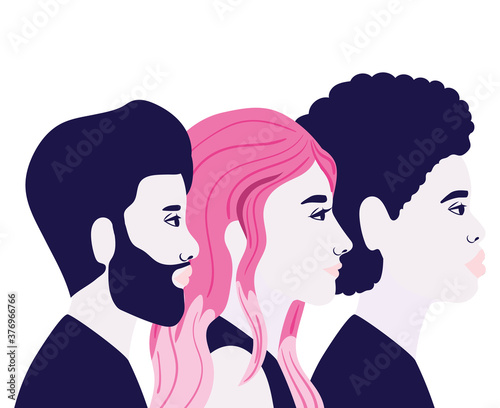 woman and men cartoons in side view in blue and pink colors vector design