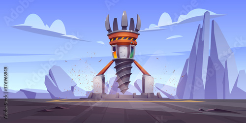 Futuristic drilling rig, drill ship for exploration and mining. Vector cartoon landscape with platform and derrick with auger. Future spaceship for bore and mining ground