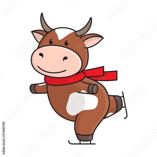 Cute red spotted cow or bull in red scarf is engaged in figure skating. 2021 is the year of the Ox according to Chinese calendar. Ready-to-print stock flat illustration isolated on white background