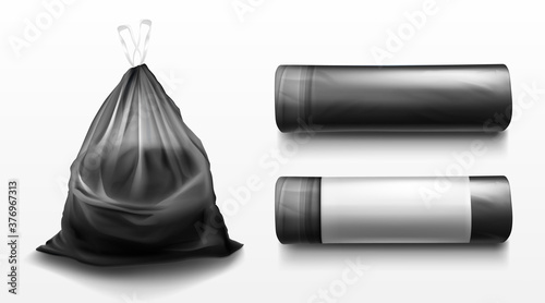 Black plastic bag for trash, garbage and rubbish. Vector realistic mockup of polyethylene trashbag in roll and full of waste. Tied sack with refuse isolated on transparent background
