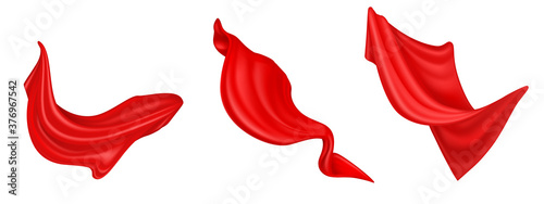 Flying red silk fabric isolated on white background. Vector realistic set of billowing velvet clothes, curtains or scarf in blowing wind. Luxury red textile drapery, flowing satin tissue