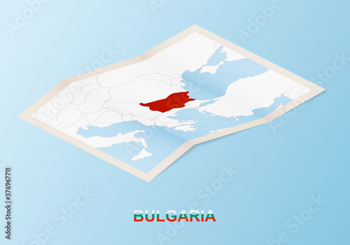 Folded paper map of Bulgaria with neighboring countries in isometric style.