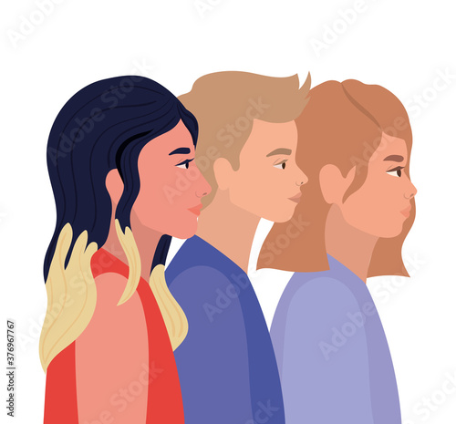 diversity skins of women and blond man cartoons vector design