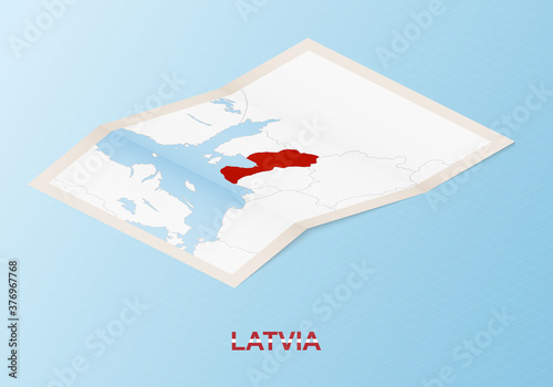 Folded paper map of Latvia with neighboring countries in isometric style.