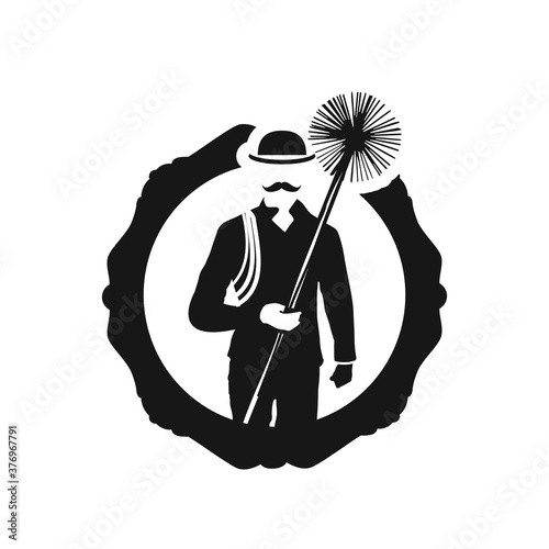 Chimney sweep with tool in uniform and chimney on the roof symbol