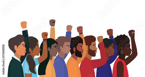 women and men cartoons with fist up in side view vector design