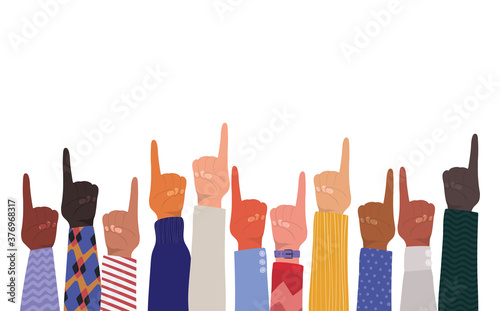 hands with number one sign of different types of skins vector design