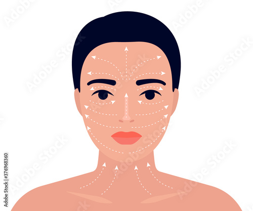 Woman face and neck massage instruction with arrows. Relaxing techniques massage. Apply cream to the face with line massage. Vector illustration