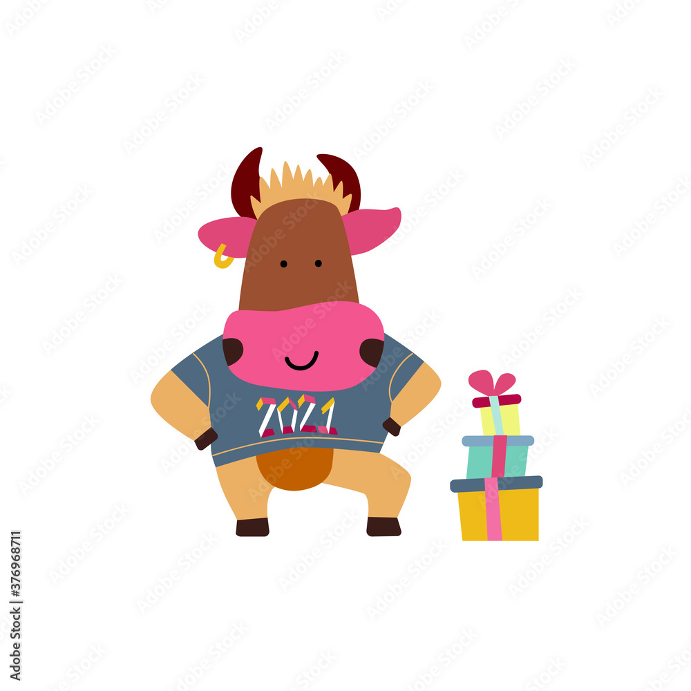 Vector illustration on the theme of the New Year. Bull picture with festive details. For a postcard, for a congratulation, a poster, a sticker.