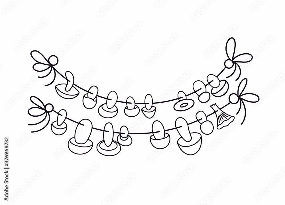 Outline many dried forest mushrooms hanging upside down on the rope. Line art black and white boletus garland. Illustration in cartoon style. Element isolated on white background. Coloring book page.