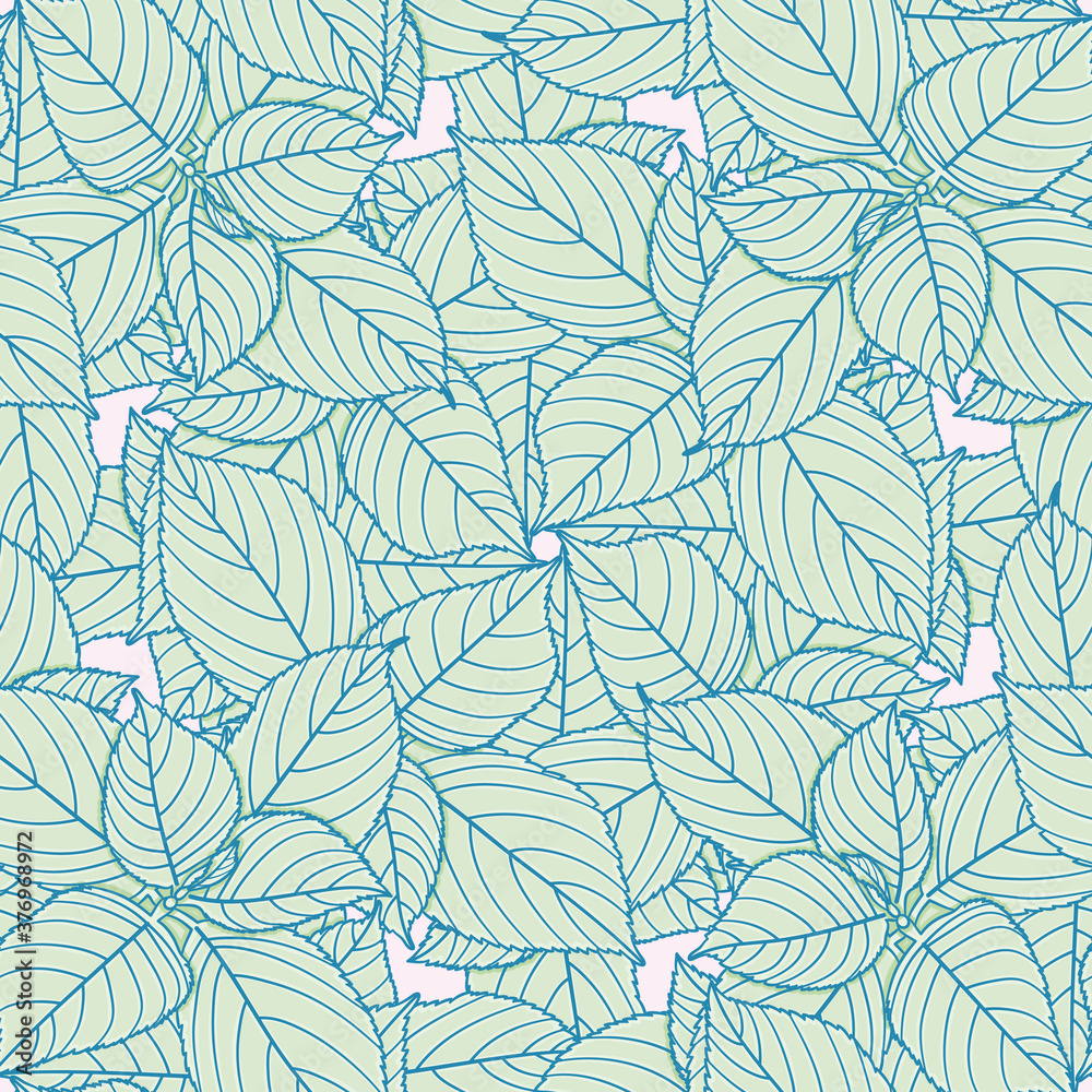 Hydrangea leaves vector repeating pattern. Outlined serrated foliage seamless illustration background.