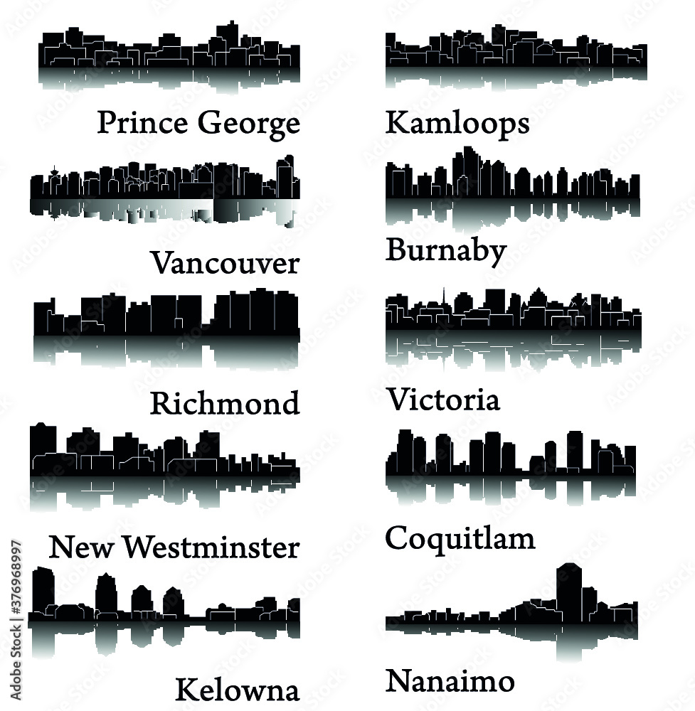 Set of 10 City silhouette in British Columbia, Canada ( Vancouver, Burnaby, Kelowna, Nanaimo, New Westminster, Richmond, Virginia, Coquitlam, Kamloops, Prince George )