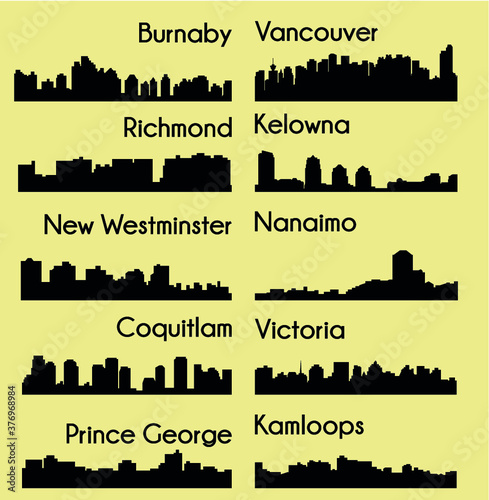 Set of 10 City silhouette in British Columbia, Canada ( Vancouver, Burnaby, Kelowna, Nanaimo, New Westminster, Richmond, Virginia, Coquitlam, Kamloops, Prince George )