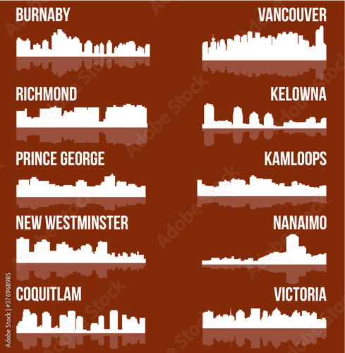 Set of 10 City silhouette in British Columbia, Canada ( Vancouver, Burnaby, Kelowna, Nanaimo, New Westminster, Richmond, Virginia, Coquitlam, Kamloops, Prince George )