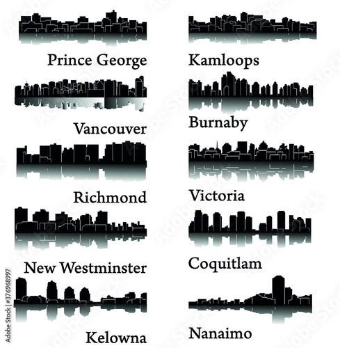 Set of 10 City silhouette in British Columbia, Canada ( Vancouver, Burnaby, Kelowna, Nanaimo, New Westminster, Richmond, Virginia, Coquitlam, Kamloops, Prince George )