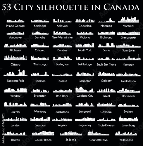 Set of 53 City silhouette in Canada ( Toronto, Calgary, Edmonton, Quebec City, Montreal, Ottawa, Vancouver, Winnipeg, Brandon, Saskatoon, Niagara Falls, Regina, London, Coquitlam, Mississauga )