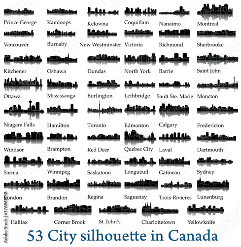 Set of 53 City silhouette in Canada ( Toronto, Calgary, Edmonton, Quebec City, Montreal, Ottawa, Vancouver, Winnipeg, Brandon, Saskatoon, Niagara Falls, Regina, London, Coquitlam,  Mississauga )