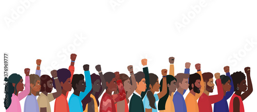 women and men cartoons with fist up in side view vector design
