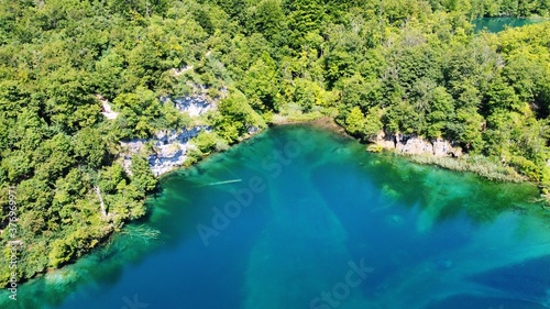 Plitvice National Park  Croatia  aerial view. Unique cascade of clear turquoise water lakes  unesco heritage. 