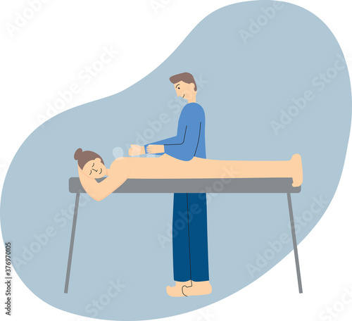 Person receiving cupping treatment from practitioner. Alternative healthcare illustration. Vector stock illustration isolated on white background. EPS10