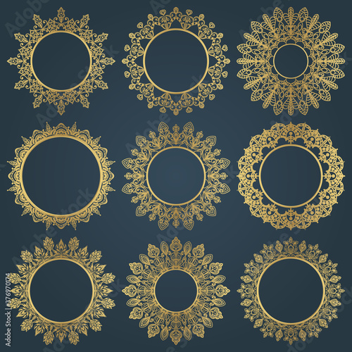Set of nine gold round frames on blue background. Collection of round luxury vector ethnic ornaments for mirrors, paintings, title page, greeting and gift cards.