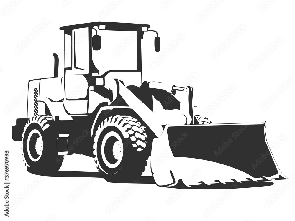 Naklejka premium Bulldozer tractor isolated on background. Black and white vector illustration on white background.