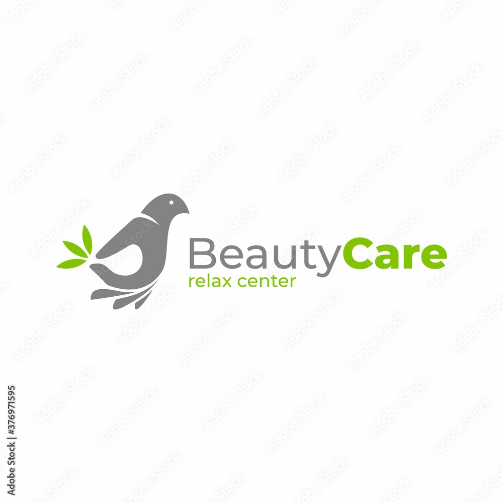 Fototapeta premium Bird logo vector template. Pick by hand logo vector design. Hand dove icon. World peace symbol. Pigeon and human hand sign. Beauty care logotype. Relax center. Spa logo idea