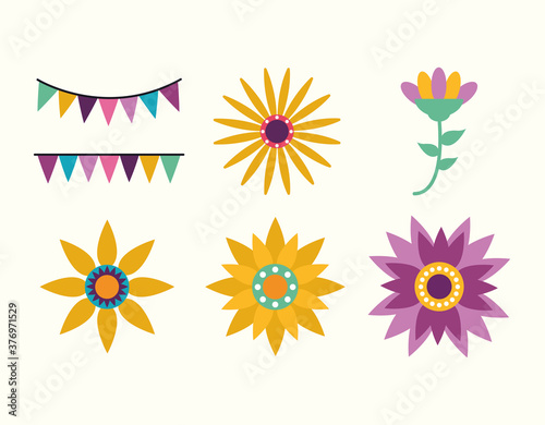 mexican banner pennant and flowers vector design