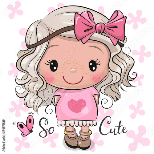 Cartoon Girl in a pink dress with bow