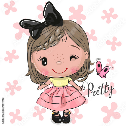 Cartoon Girl in dress with a black bow