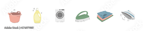 Set of colored vector icons - basin, washing gel, washing machine, brush, clean linen, iron. the concept of cleaning clothes, washing, dry cleaning, laundry.