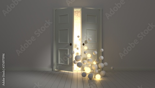 Open doors with abstract spheres entering a room. 3D render / rendering.