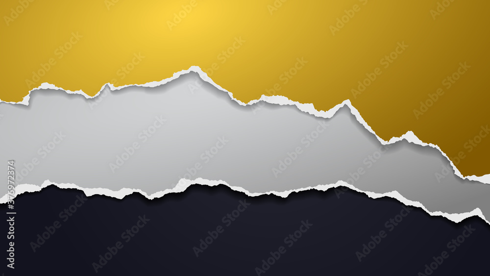 Torn of grey and golden paper are on black background for text, advertising or design. Vector illustration