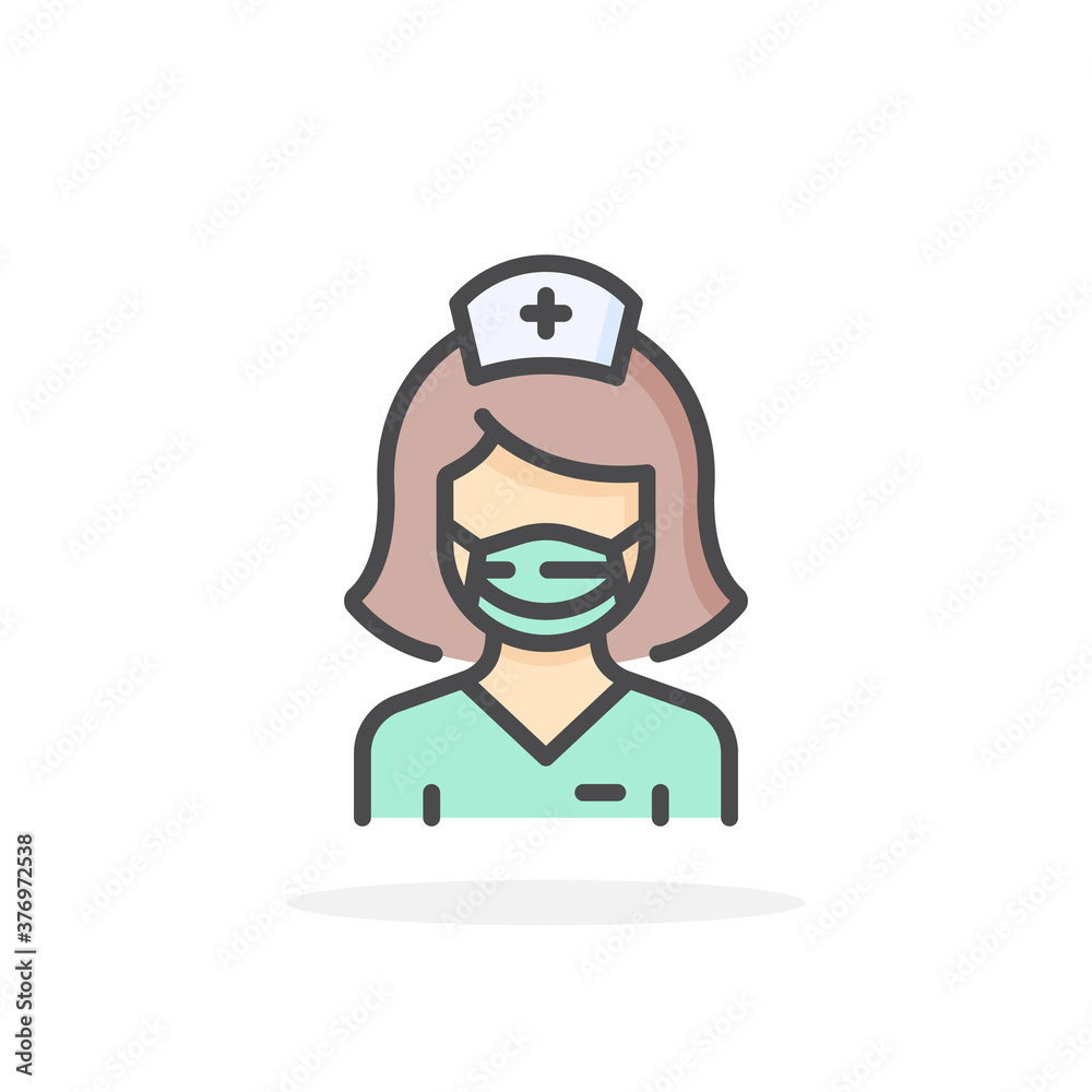 Nurse in flu mask icon in filled outline style.
