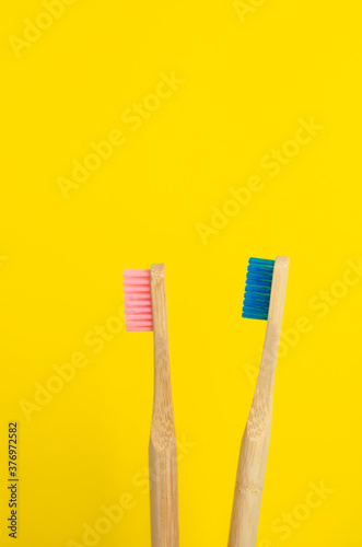 dos cepillos de dientes uno rosa y otro azul de bamb   con fondo liso de color amarillo  