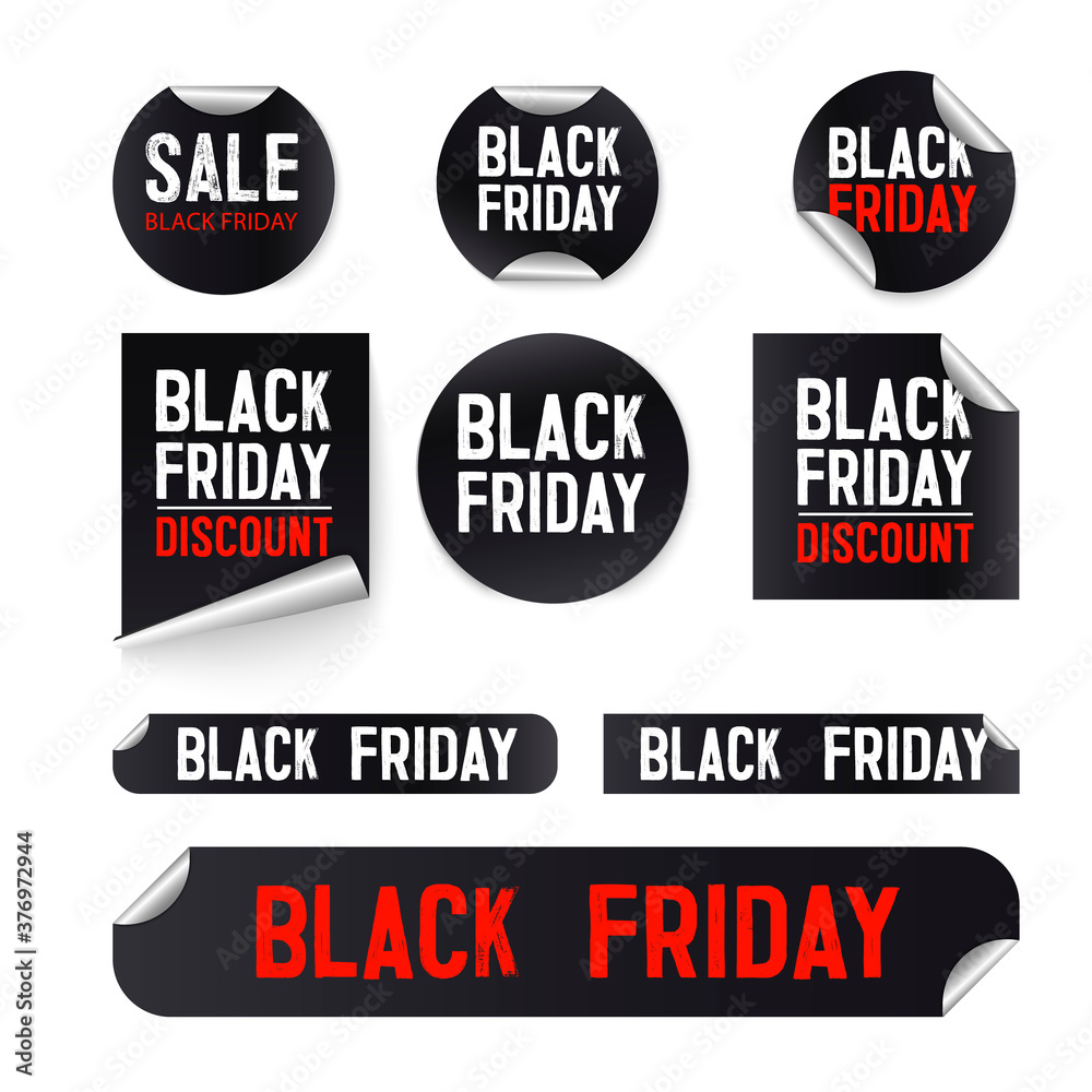 Black friday sale banner set. Black Friday sale stickers, decals, posters, banners. Price tag and best sale collection. Black ribbon sale banners isolated. New connection offers. Vector illustration