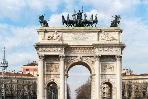 Triumphal arch with bas-reliefs & statues, built by Luigi Cagnola on the request of Napoleon in Milan photo