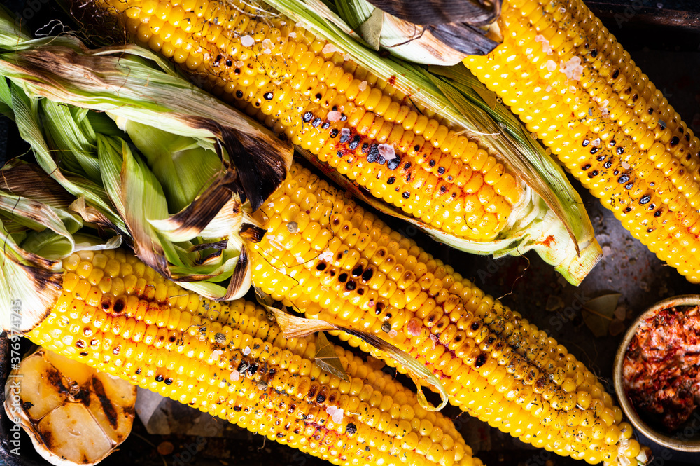 Grilled Corn on the Cob with Salt, paprika and Butter. Organic food