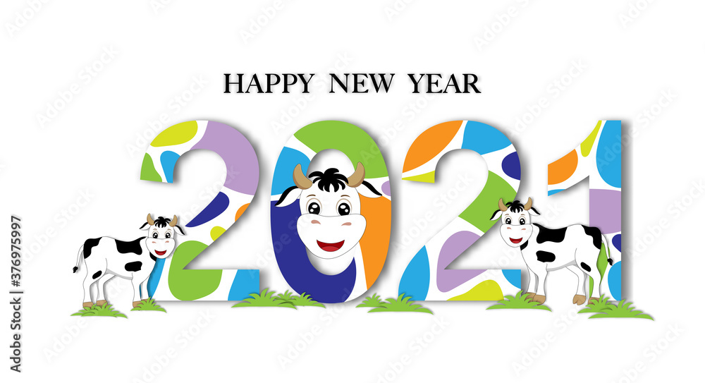 2021 and HAPPY NEW YEAR font with cow skin pattern on white background ...