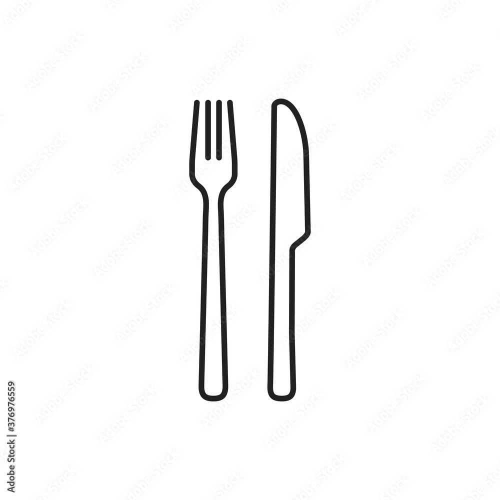 Fork and knife icon flat vector illustration. Flat thin outline restaurant cutlery for dining isolated on a white background designed for pub, cafe, and food court symbol or logo. You can edit line V3 Fork and knife icon flat vector illustration. Flat thin outline restaurant cutlery for dining isolated on a white background designed for pub, cafe, and food court symbol or logo. You can edit line V3